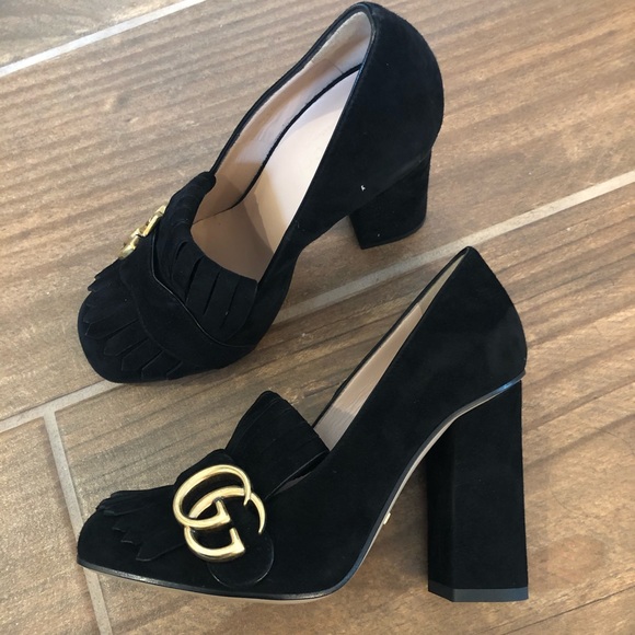GUCCI Marmont GG Black Suede Fringe Loafer Heel 34 - Picture 6 of 8